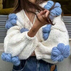 White Casual Women's Jacquard Floral Patchwork Knit Cardigan